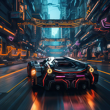 A video game black racecar with red trim driving down a futuristic street with orange lights