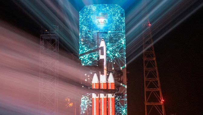 The Delta IV Heavy rocket at Cape Canaveral was projection mapped as part of an event to help mark its impending launch.  Photo courtesy of ULA 