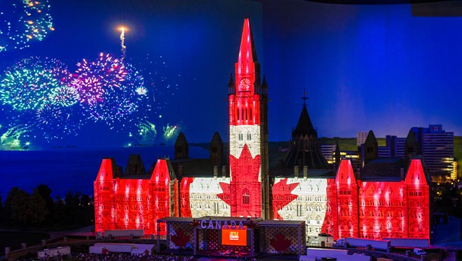 A miniaturized Parliament Building is projection mapped at Toronto’s “Little Canada” attraction. Photo courtesy of Carbon Arc, Inc.