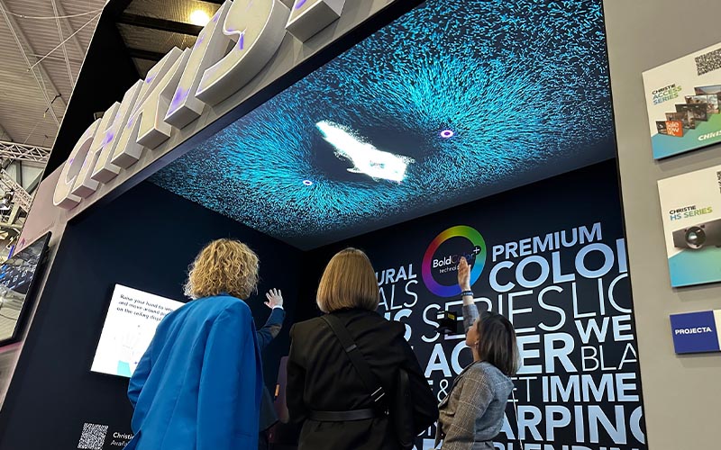 Visitors experienced an interactive projection display featuring the new 4K22-HS 1DLP projector, Pandoras Box® software with Notch integration, Widget Designer, and AirScan.