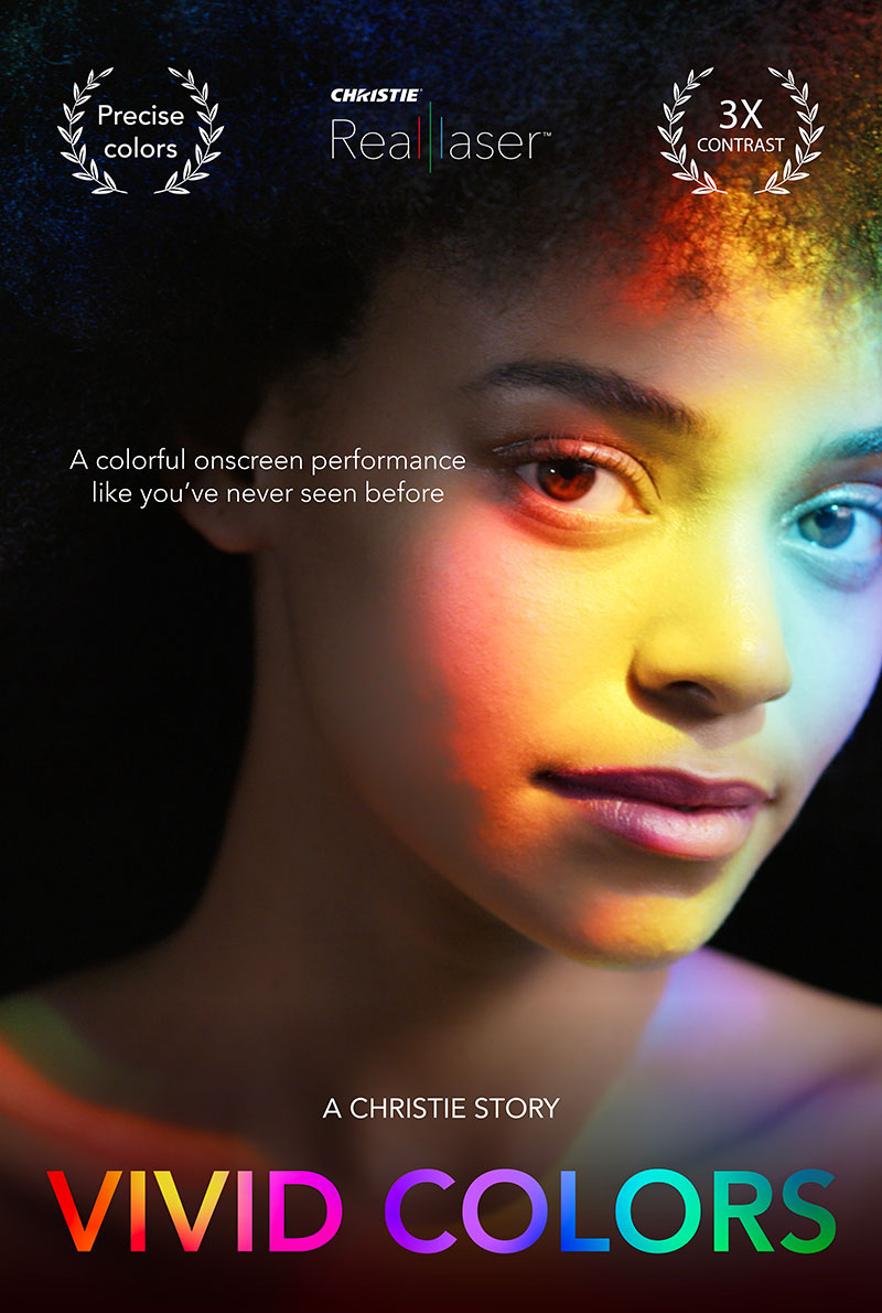 An image of a woman's face illuminated with multi-colored light