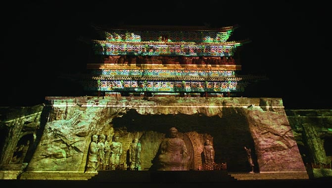 Projection mapping displaying an array of awe-inspiring visuals such as famous Buddhist grottoes