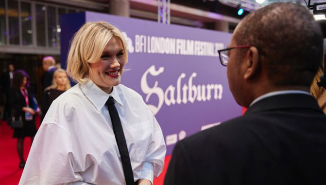 Saltburn Director and Producer Emerald Fennell attends red carpet premiere of the movie at the 67th BFI London Film Festival. (Photo credit: Darren Brade)
