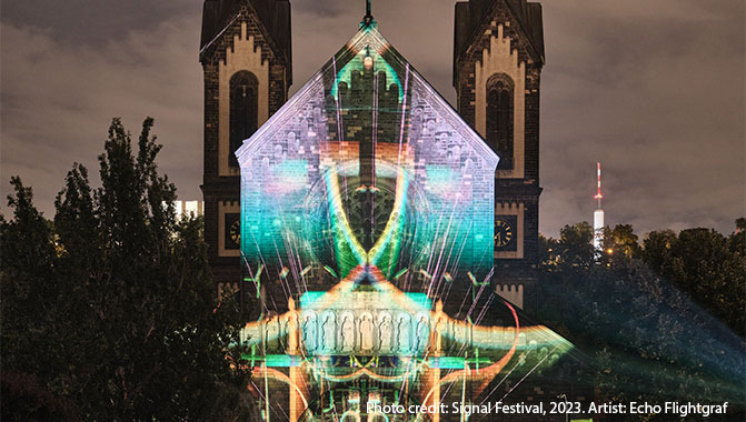 Two Griffyn Series pure laser projectors map onto the iconic Church of Saints Cyril and Methodius.