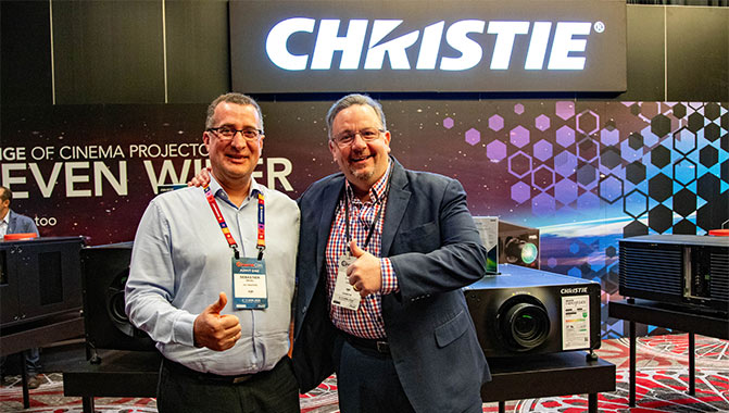 Sebastien Bruel, technical director, CGR Cinemas (left) and Christie’s EVP of Cinema, Brian Claypool take a break from a busy CinemaCon to pose for a photo.