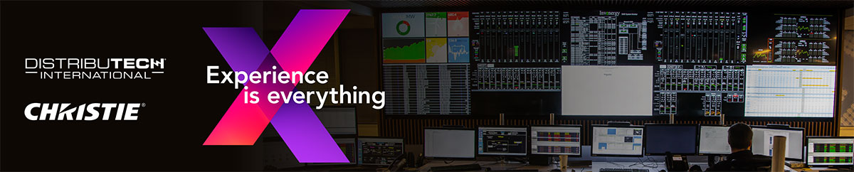 Man sitting at a desk in a control room with a video wall in the background. Christie logo and Distributech logo on the left of the image with a pink and purple X with the words 'experience is everything' beside them. 