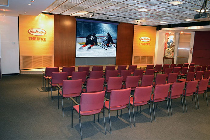 In the Tim Horton’s Theatre, a 4K860-iS Inspire Series 8,500-lumen 4K UHD laser projector lights up the screen in this 120-seat space.