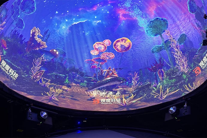 In the third demonstration zone, four Korus Series projectors create a blended hemispherical dome display, complemented by the Christie Mystique automated alignment and calibration solution.