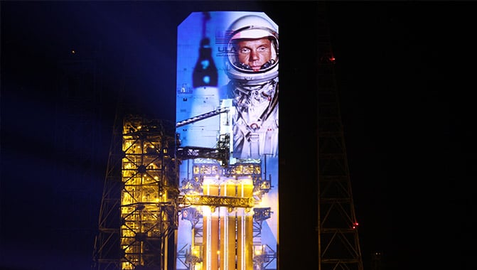 Christie® pure RGB laser projectors helped to mark the impending launch of United Launch Alliance’s (ULA) Delta IV Heavy rocket at Cape Canaveral with the first ever 3D projection mapping on an operational rocket by PaintScaping.