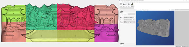 (left) Image of the 3D wall in green, red, yellow, and pink. (Right) 3D rendering of the wall shown in computer software with a blue background.