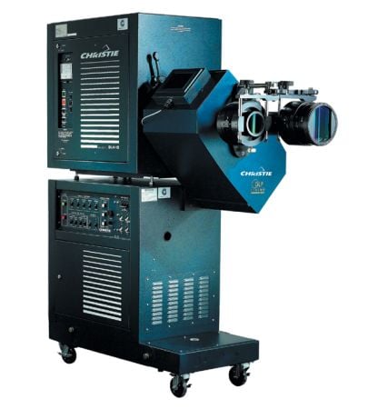 A large digital cinema projector on castors.