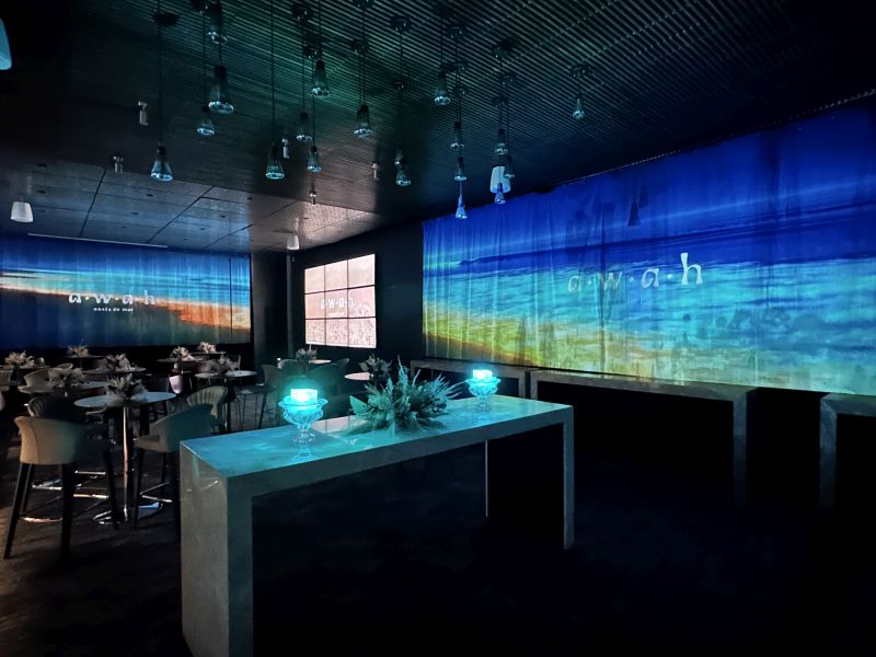 A dark room with tables and chairs features projected landscapes on the walls.