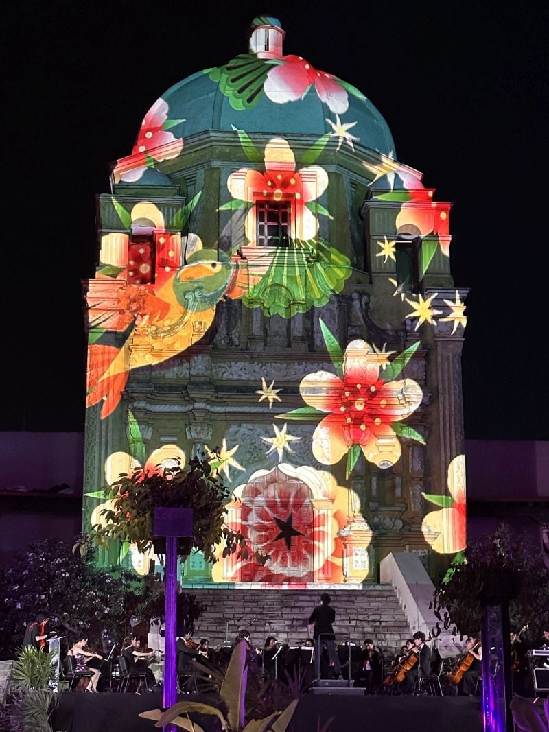 The façade of a historic Baroque-style building is projection mapped with colorful flowers.