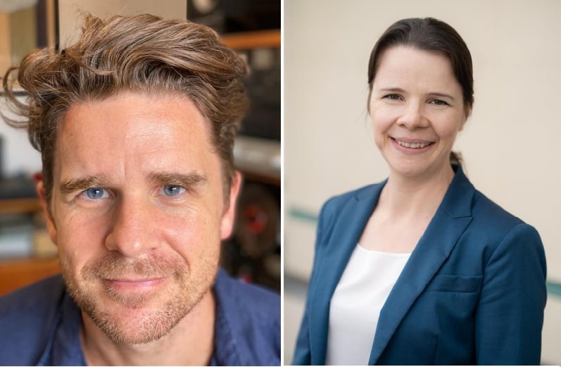 Close up of a man with sandy blonde hair. (left) Headshot of a woman wearing a blue blazer. (right)