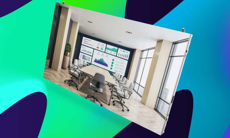 A picture of a boardroom on a blue and green background.