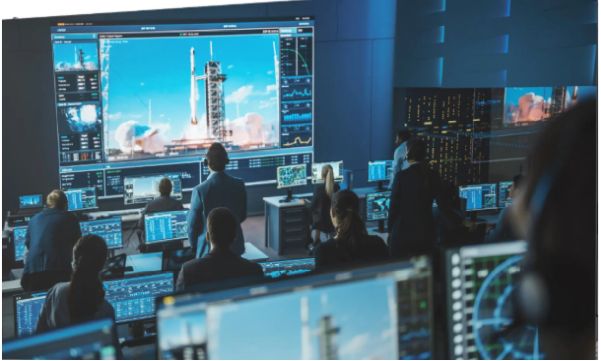 People working on computers in a control room