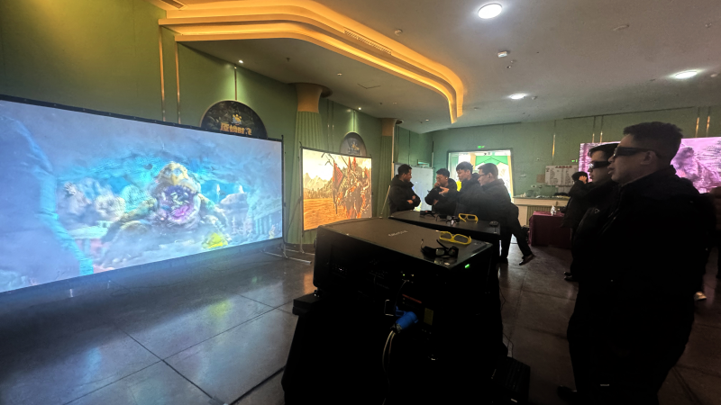 A group watches the projected, blended image from two 3DLP projectors.