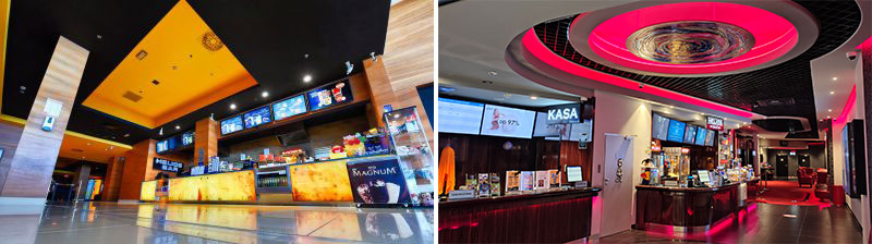A movie theatre concessions counter. 