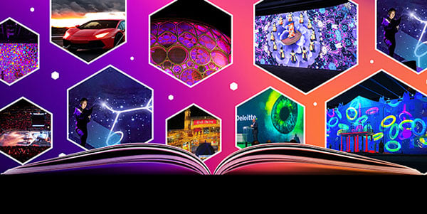 A open book with a honeycomb motif above it showing different images in each hexagon.