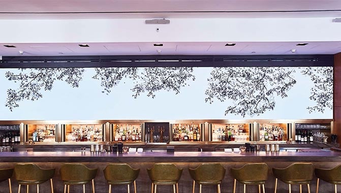 Video wall with images of tree branches on it behind the bar.