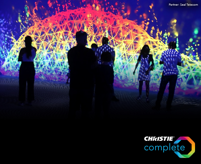 The silhouette of five people seen from behind, standing in front of a large projected dome shaped graphic in a gradient of colour.